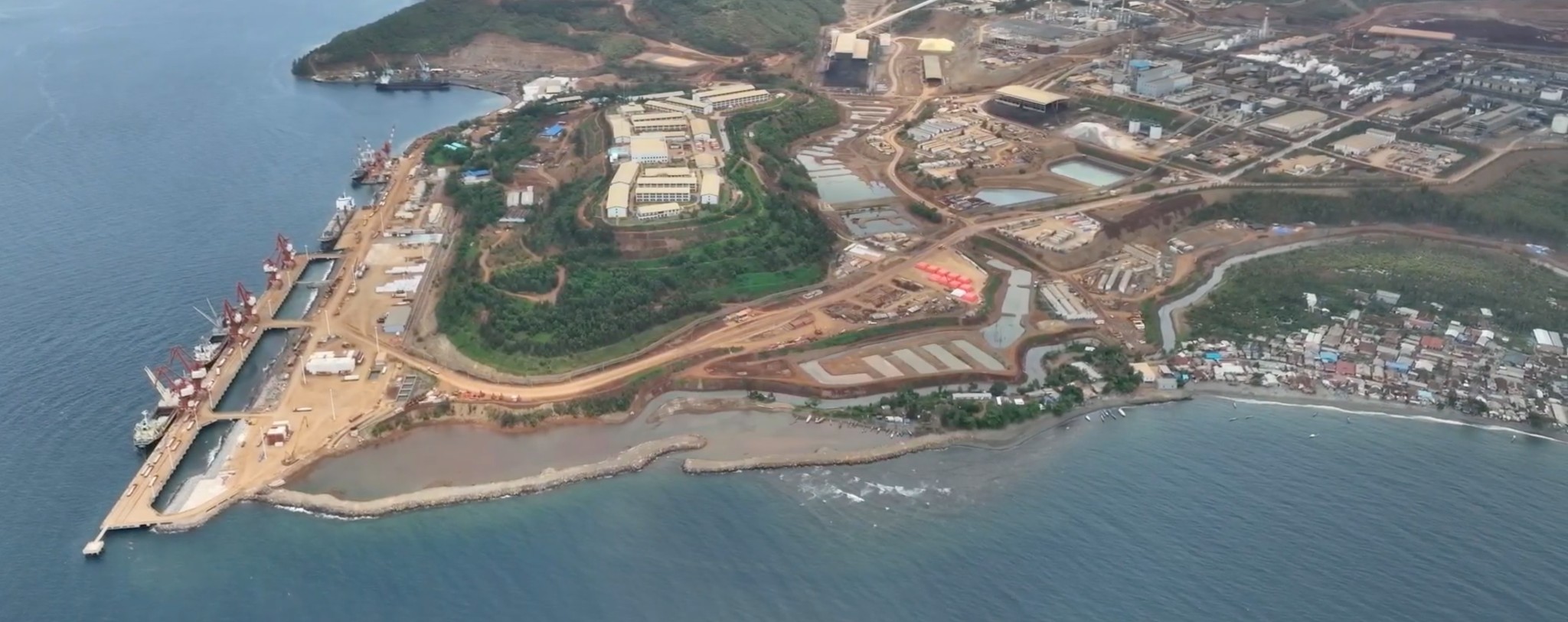 Aerial view of sustainable integrated nickel mining and processing area operated by harita nickel on obi island south halmahera north maluku.